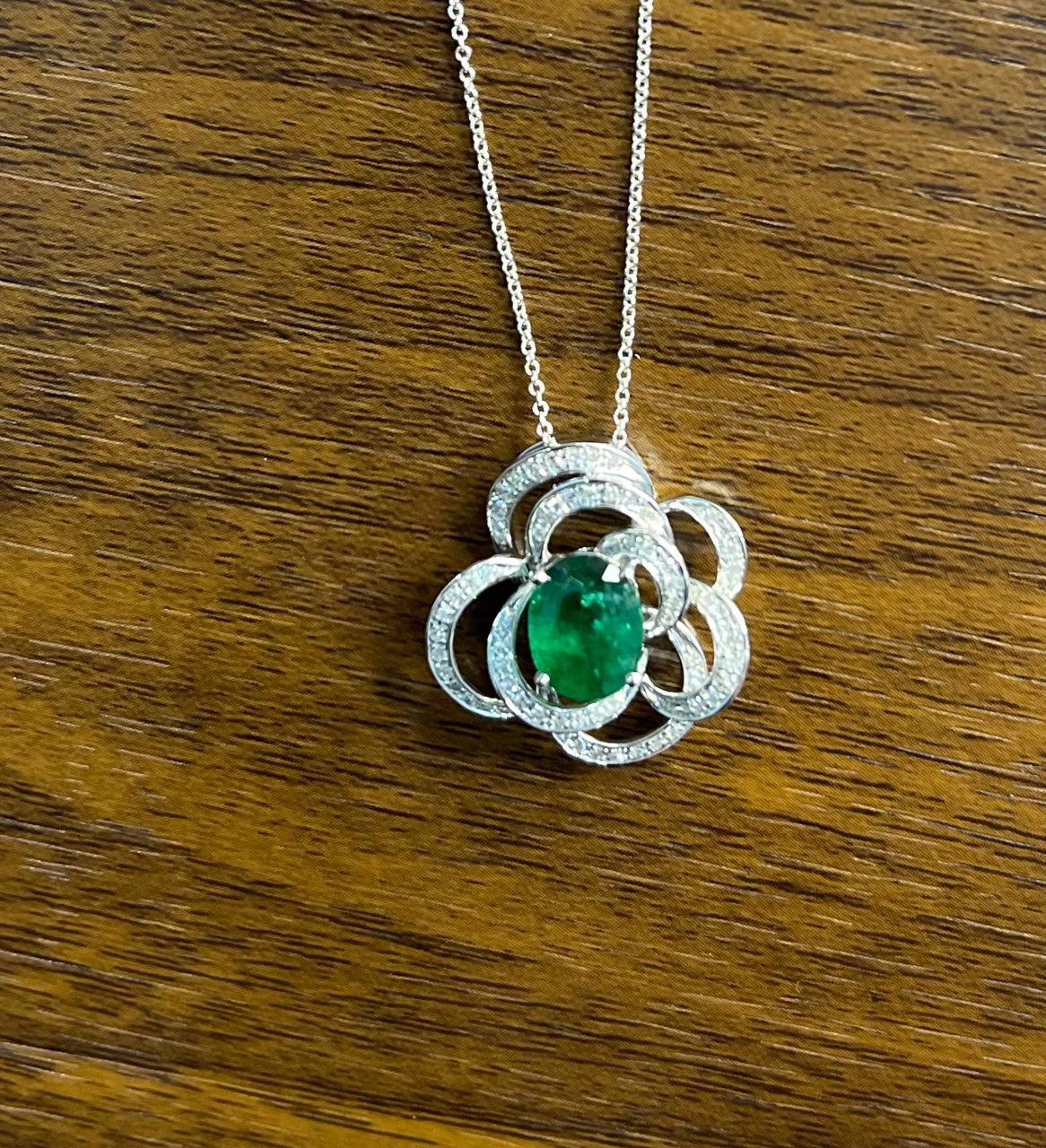 Oval Shape Green Emerald White Diamond Halo 14K White Gold Pendant Necklace
