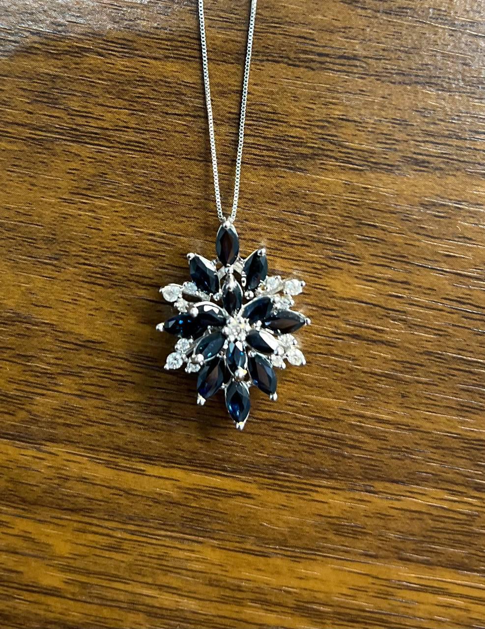 Blue Sapphire Marquise Cut Snowflake Flower Floral White Gold Pendant Necklace