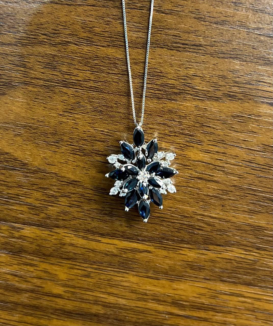 Blue Sapphire Marquise Cut Snowflake Flower Floral White Gold Pendant Necklace