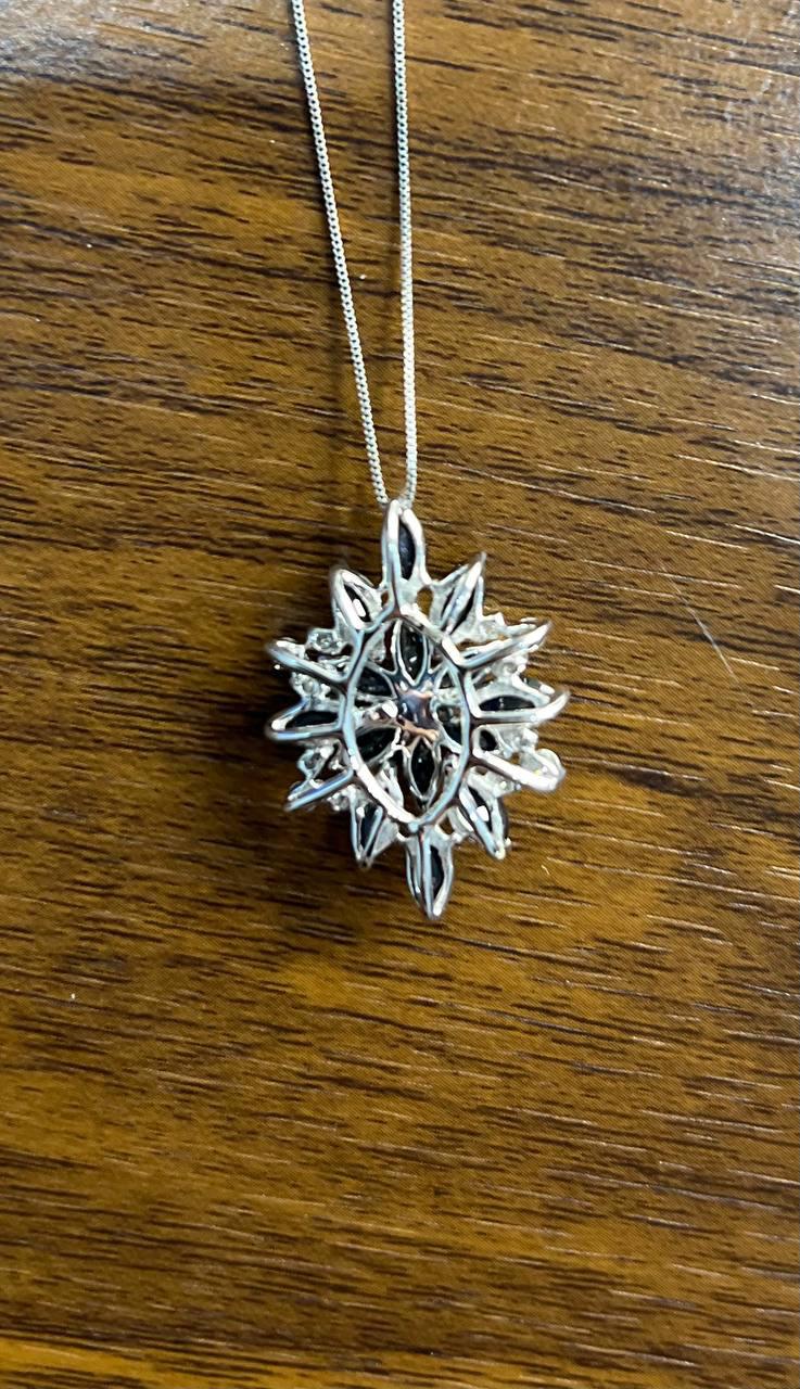 Blue Sapphire Marquise Cut Snowflake Flower Floral White Gold Pendant Necklace