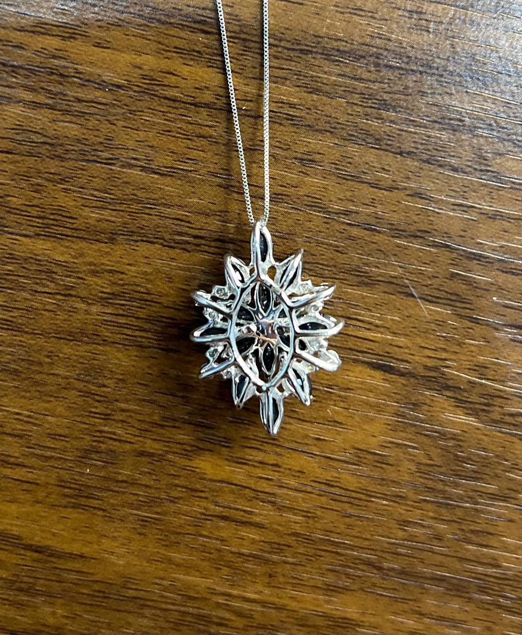 Blue Sapphire Marquise Cut Snowflake Flower Floral White Gold Pendant Necklace