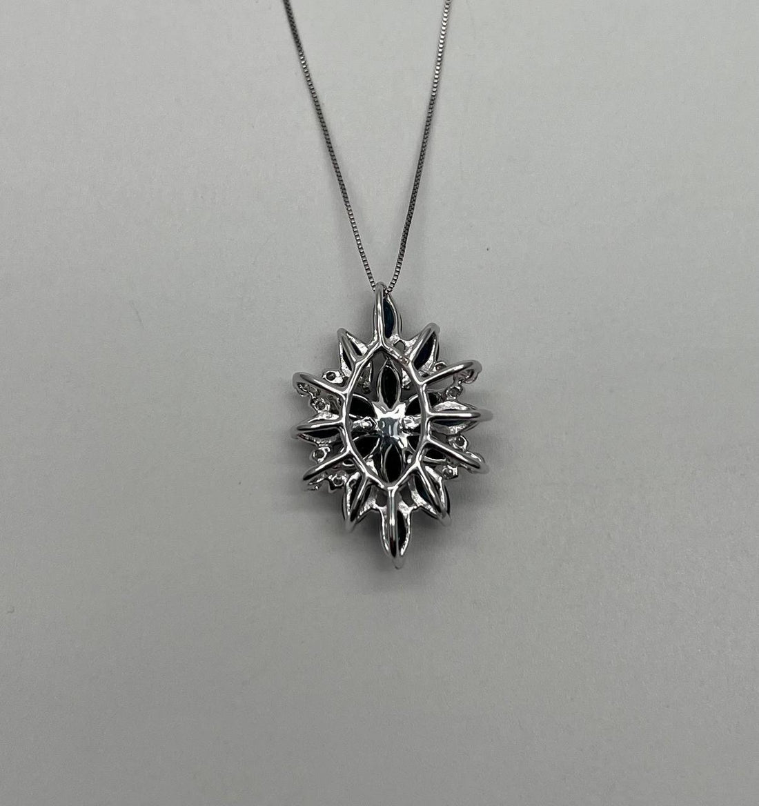 Blue Sapphire Marquise Cut Snowflake Flower Floral White Gold Pendant Necklace
