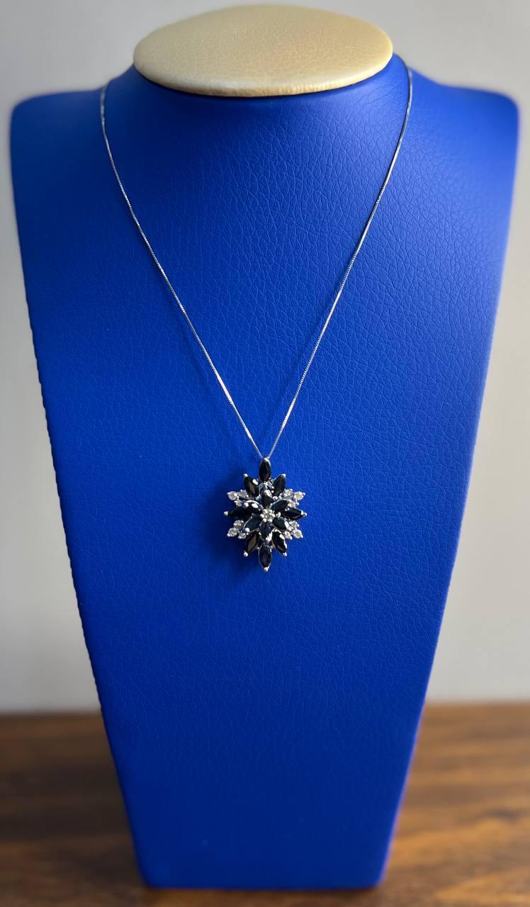 Blue Sapphire Marquise Cut Snowflake Flower Floral White Gold Pendant Necklace