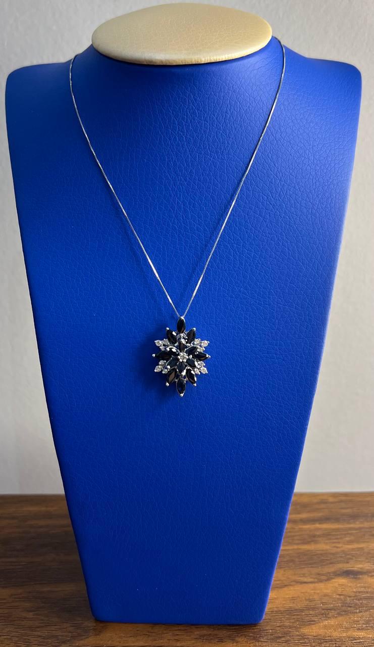 Blue Sapphire Marquise Cut Snowflake Flower Floral White Gold Pendant Necklace