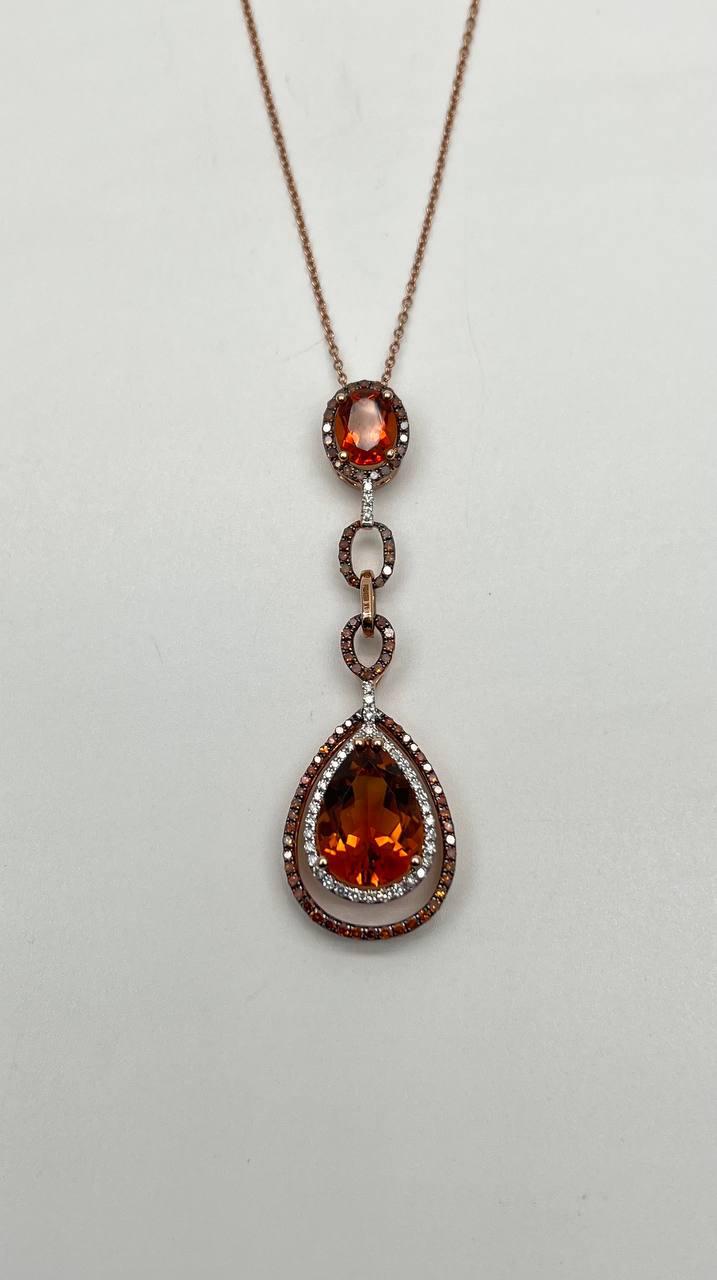 Amber Orange Pear Teardrop Shape Champagne Diamonds Halo Gold Pendant Necklace