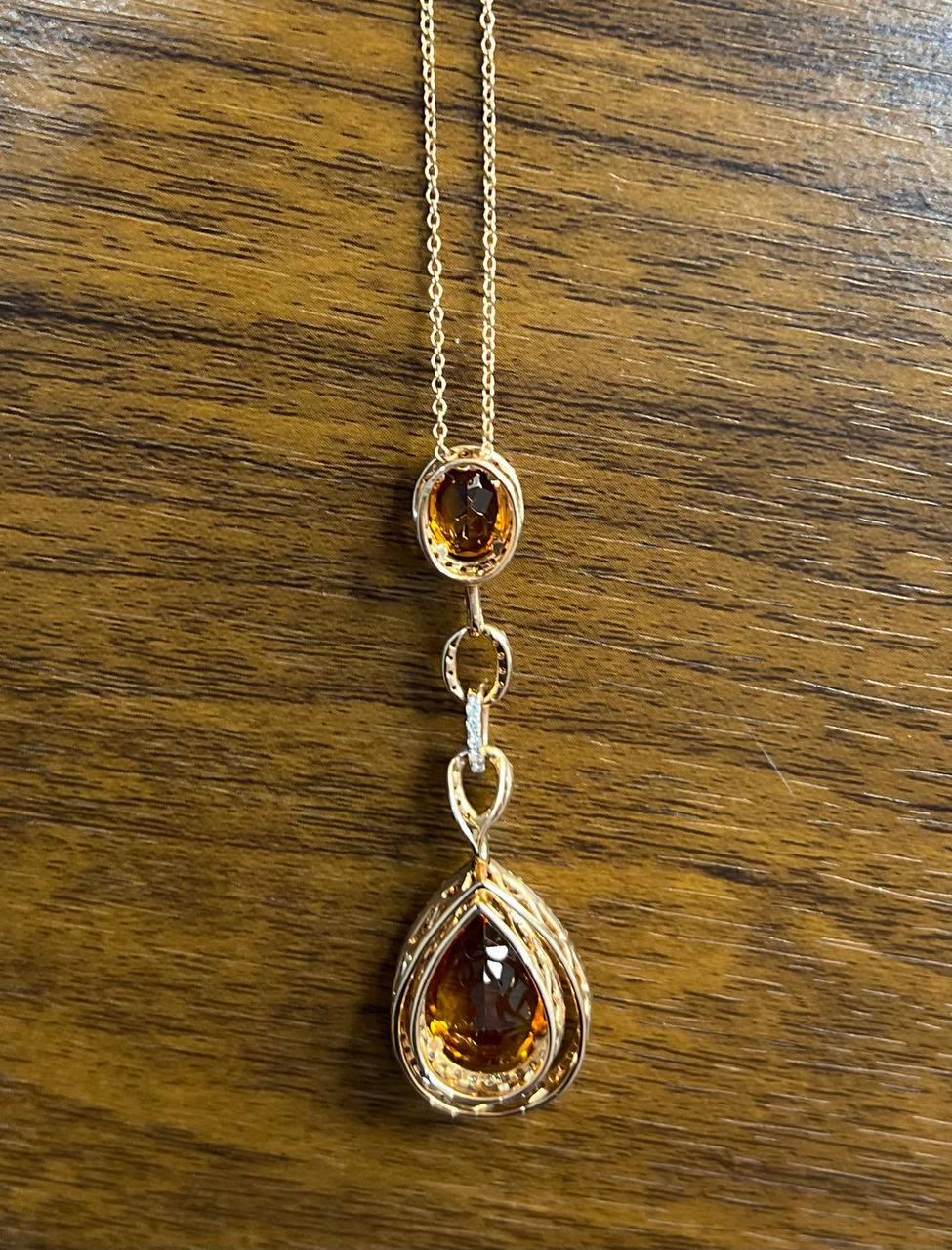 Amber Orange Pear Teardrop Shape Champagne Diamonds Halo Gold Pendant Necklace
