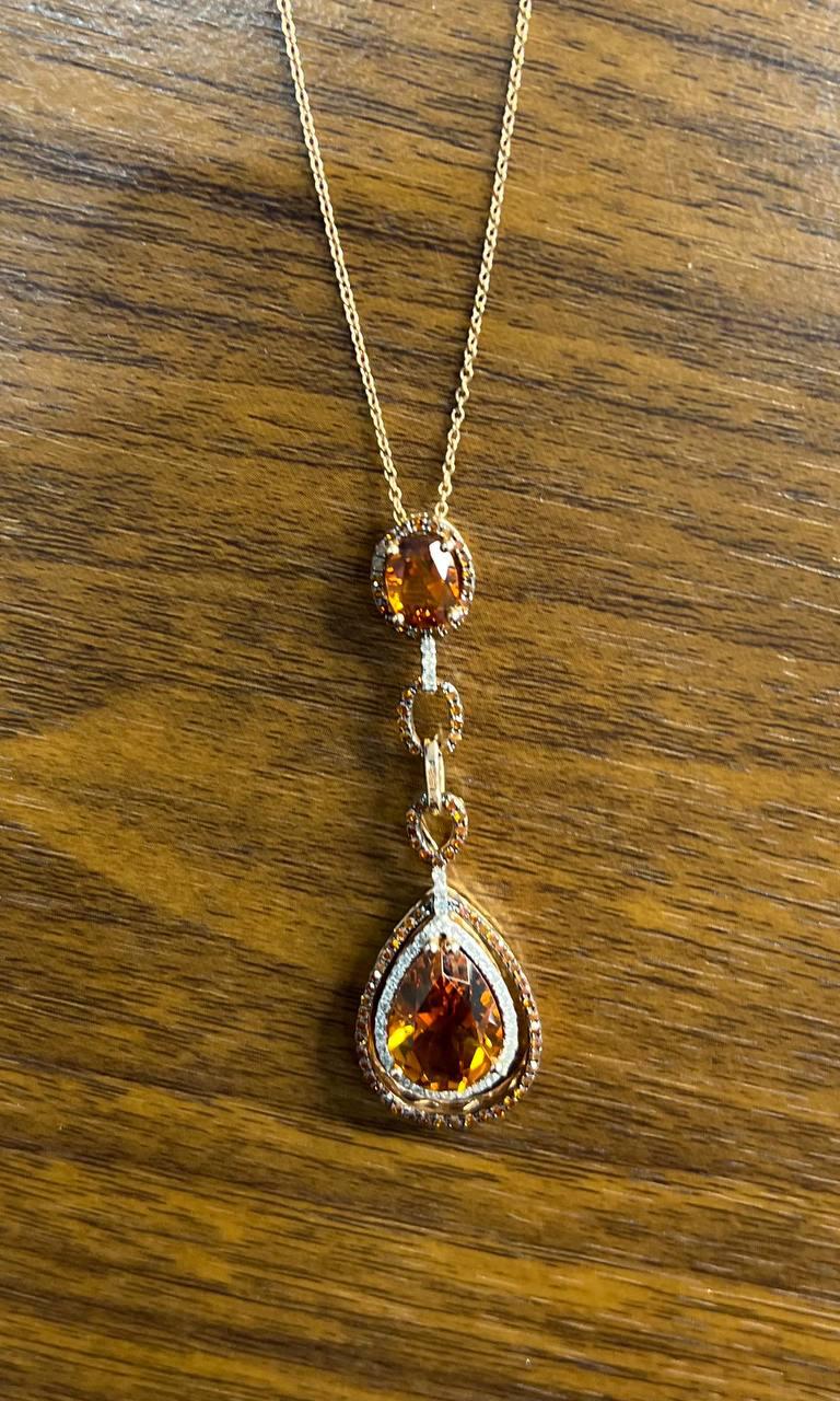 Amber Orange Pear Teardrop Shape Champagne Diamonds Halo Gold Pendant Necklace