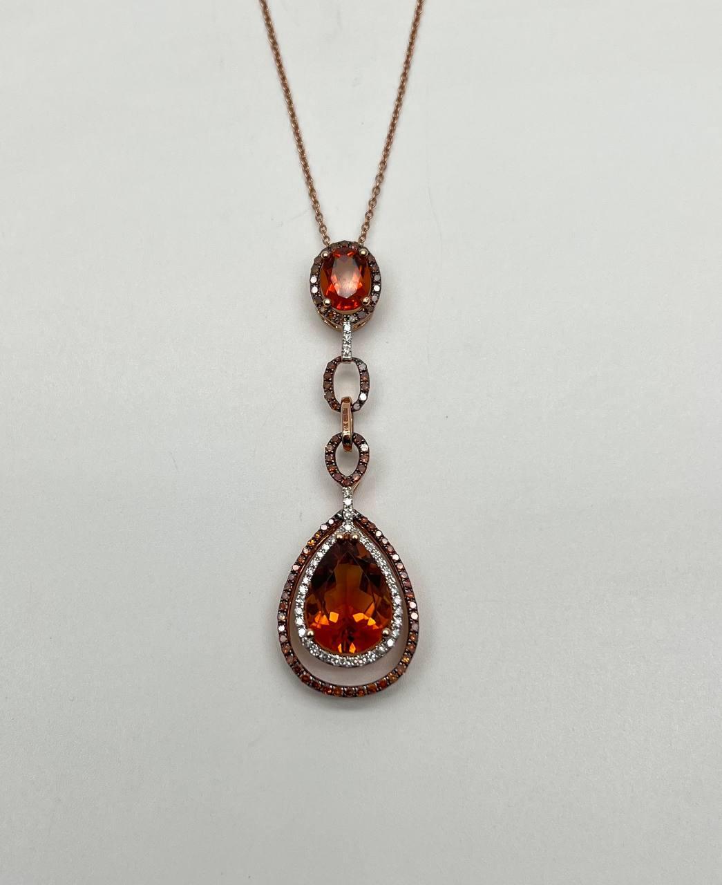 Amber Orange Pear Teardrop Shape Champagne Diamonds Halo Gold Pendant Necklace