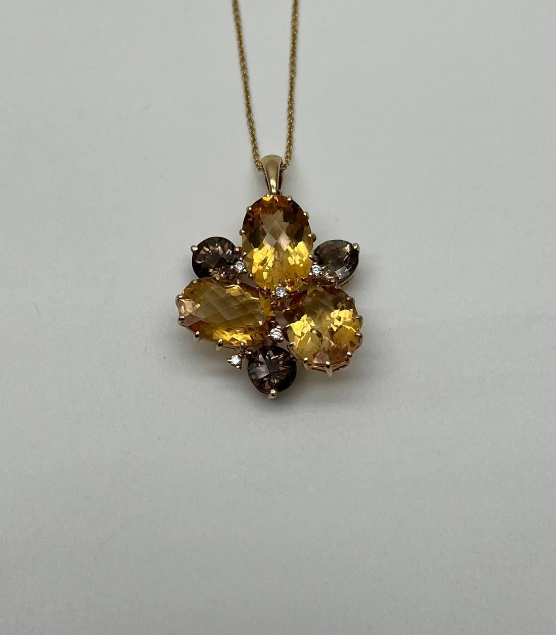 Orange Amber Citrines & Brown Smoky Quartz Yellow Gold Cluster Pendant Necklace