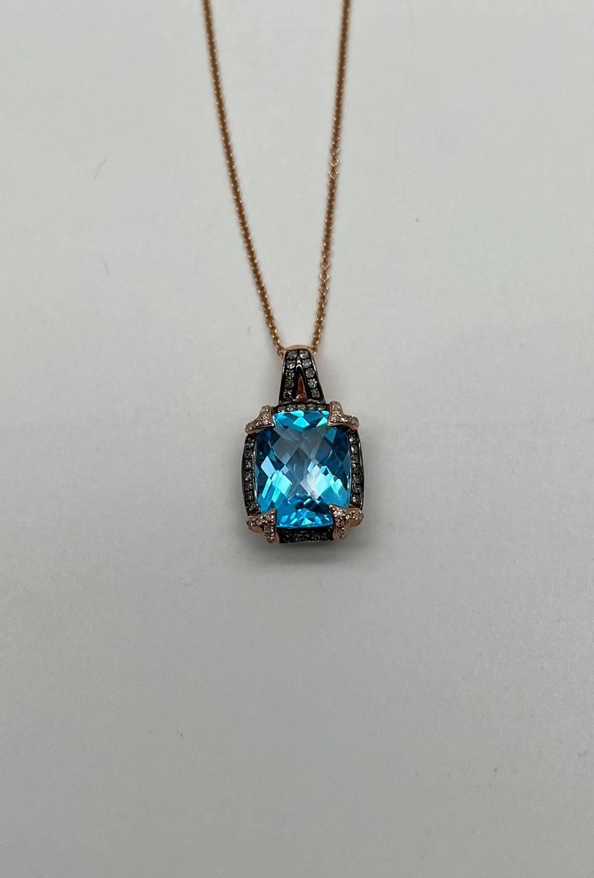 Cushion Shape Swiss Blue Topaz 14K Rose Gold Champagne Halo Pendant Necklace