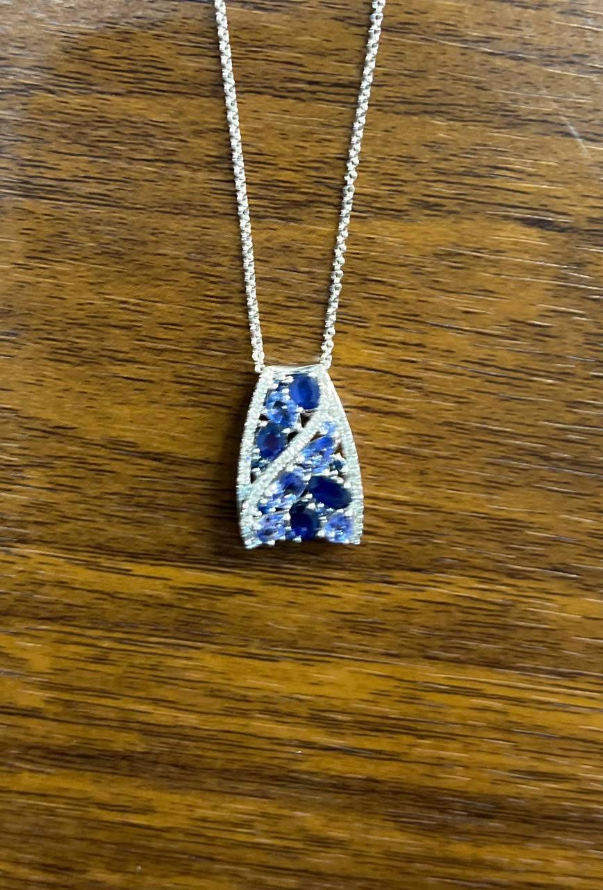 Dark Light Hue Blue Sapphire Cluster Diamonds Pave White Gold Pendant Necklace
