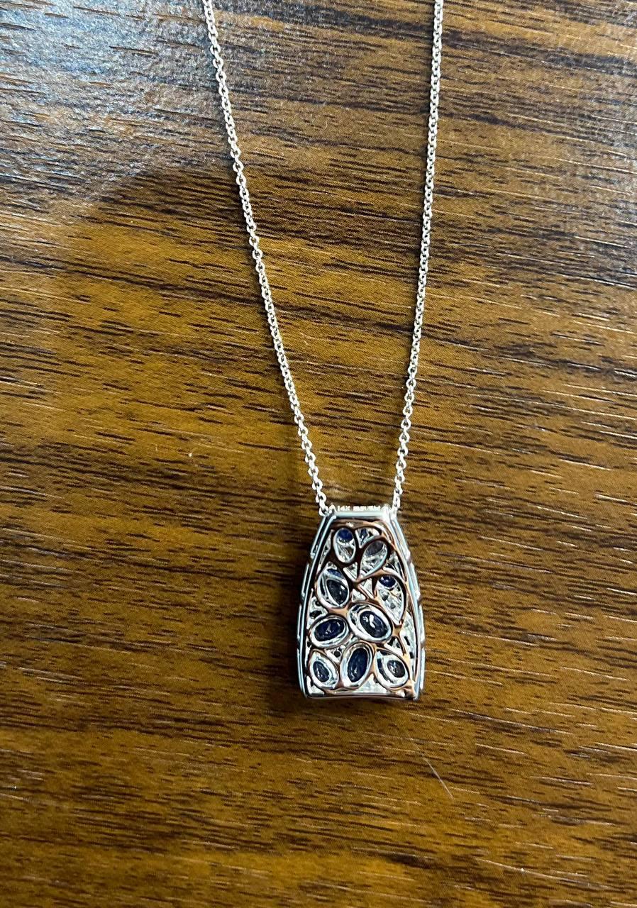 Dark Light Hue Blue Sapphire Cluster Diamonds Pave White Gold Pendant Necklace