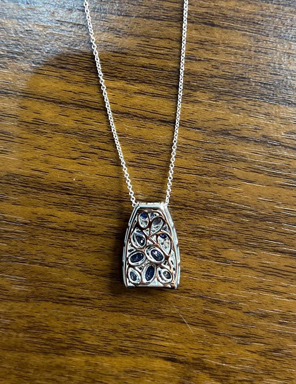 Dark Light Hue Blue Sapphire Cluster Diamonds Pave White Gold Pendant Necklace