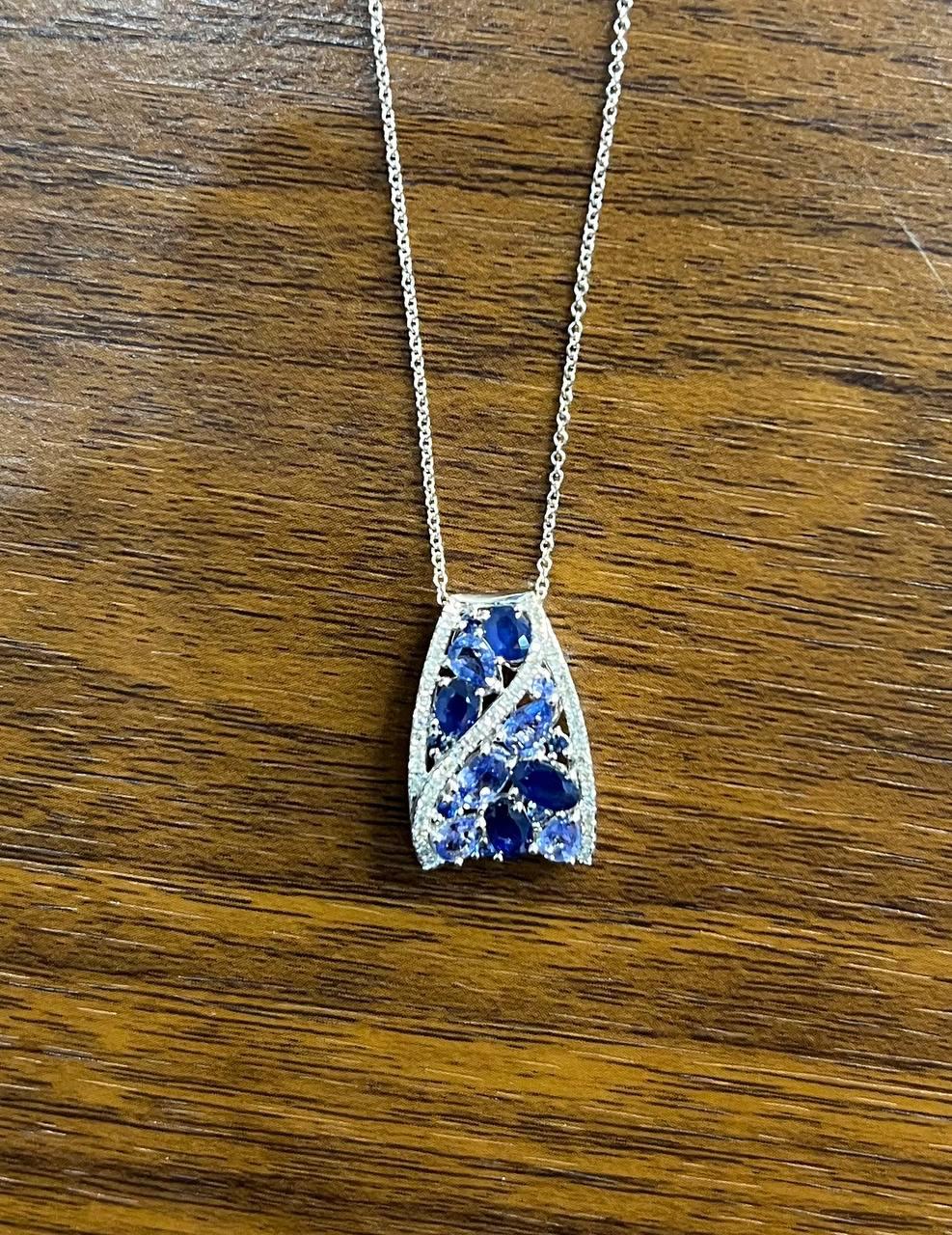 Dark Light Hue Blue Sapphire Cluster Diamonds Pave White Gold Pendant Necklace