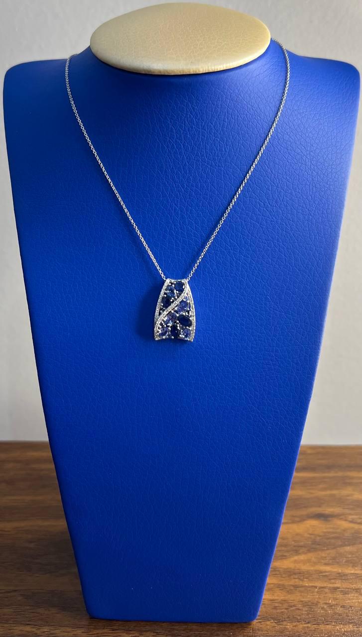 Dark Light Hue Blue Sapphire Cluster Diamonds Pave White Gold Pendant Necklace