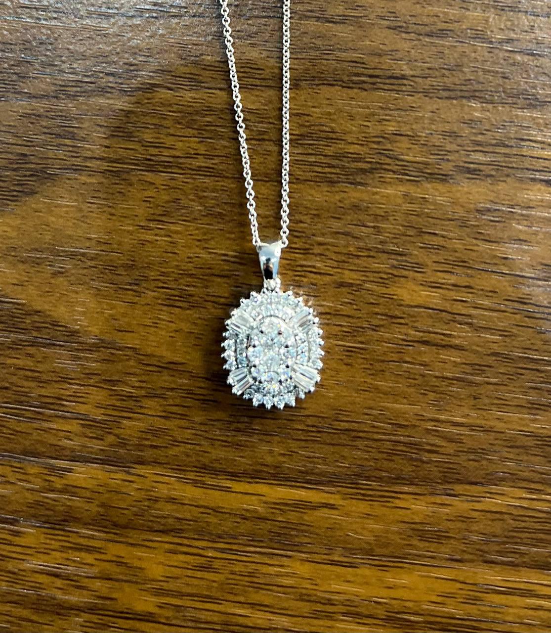 Diamond Oval Cluster Halo Pave Set Baguette Shape White Gold Pendant Necklace
