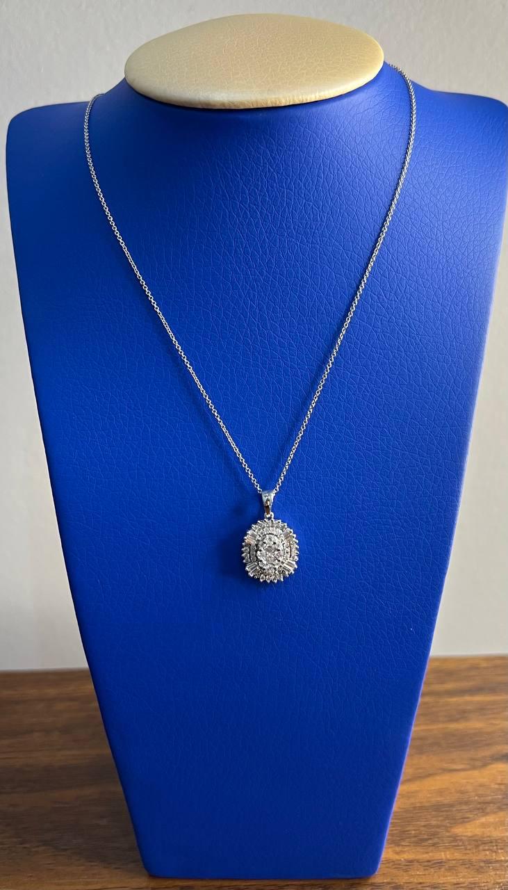 Diamond Oval Cluster Halo Pave Set Baguette Shape White Gold Pendant Necklace