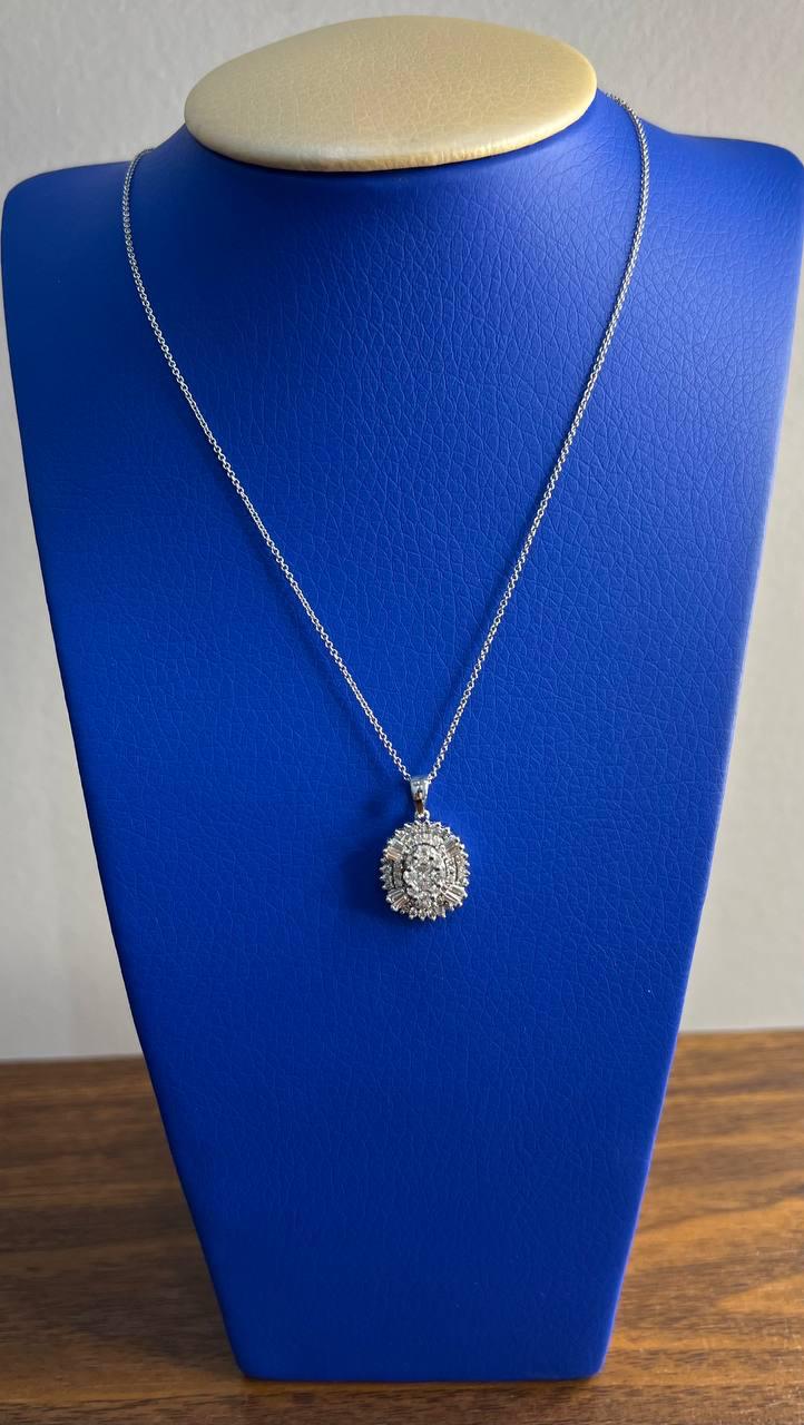 Diamond Oval Cluster Halo Pave Set Baguette Shape White Gold Pendant Necklace