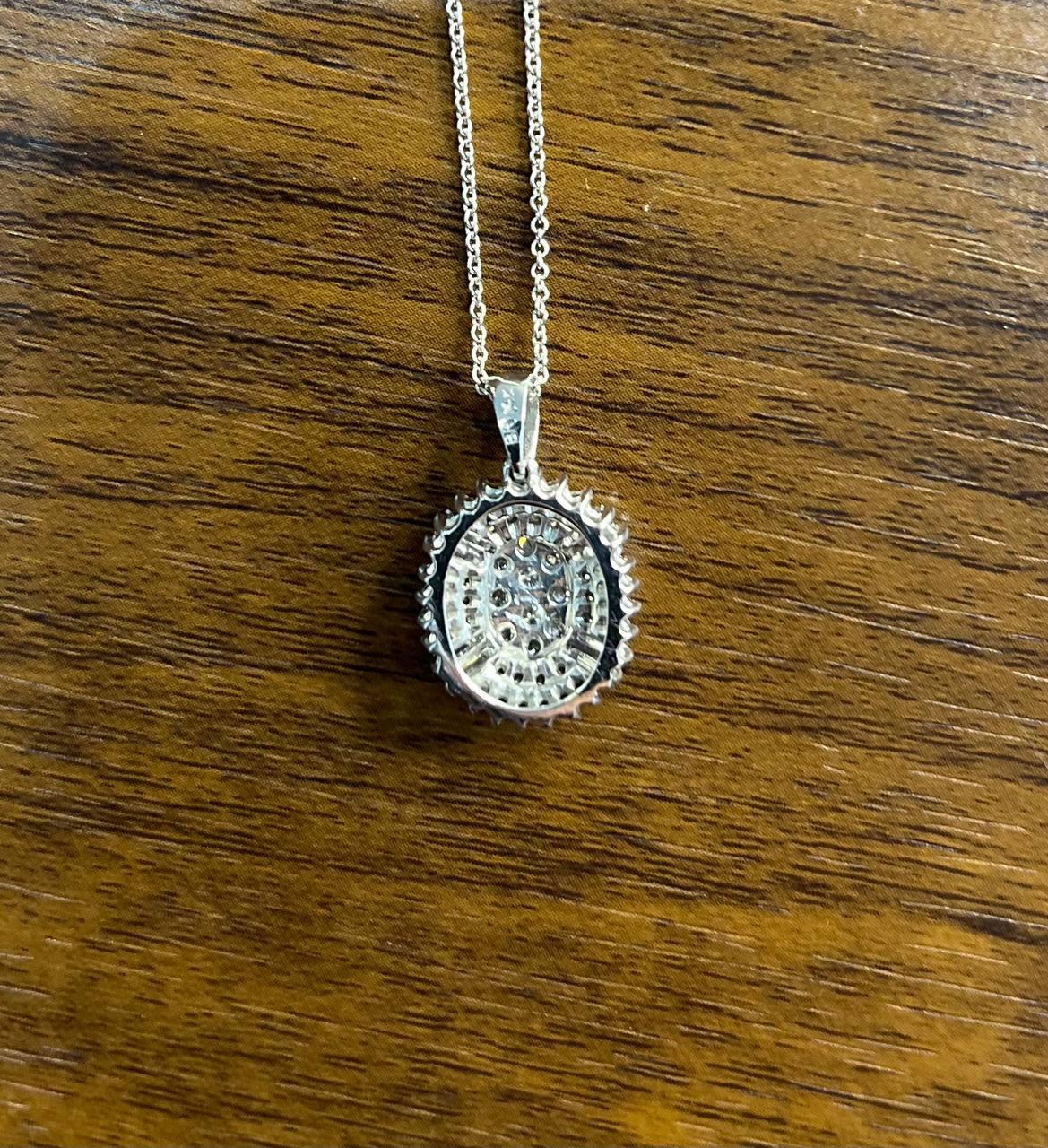 Diamond Oval Cluster Halo Pave Set Baguette Shape White Gold Pendant Necklace