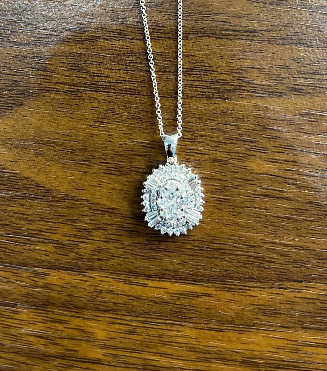 Diamond Oval Cluster Halo Pave Set Baguette Shape White Gold Pendant Necklace