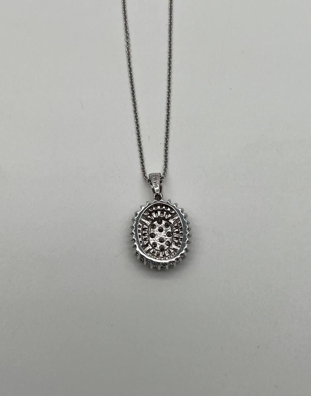 Diamond Oval Cluster Halo Pave Set Baguette Shape White Gold Pendant Necklace