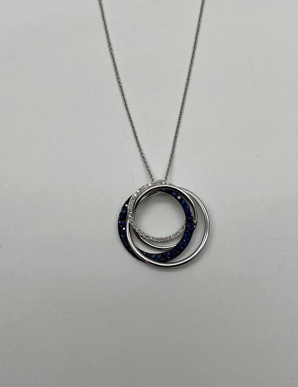 Trinity Blue Sapphires Diamonds Circle Interlocking Rings White Pendant Necklace