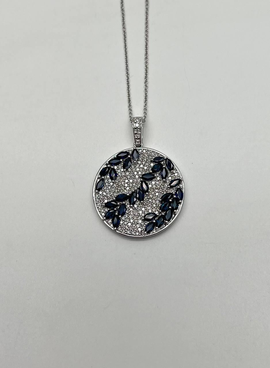 Blue Sapphire Marquise Shape Diamond Pave White Gold Pendant Medallion Necklace