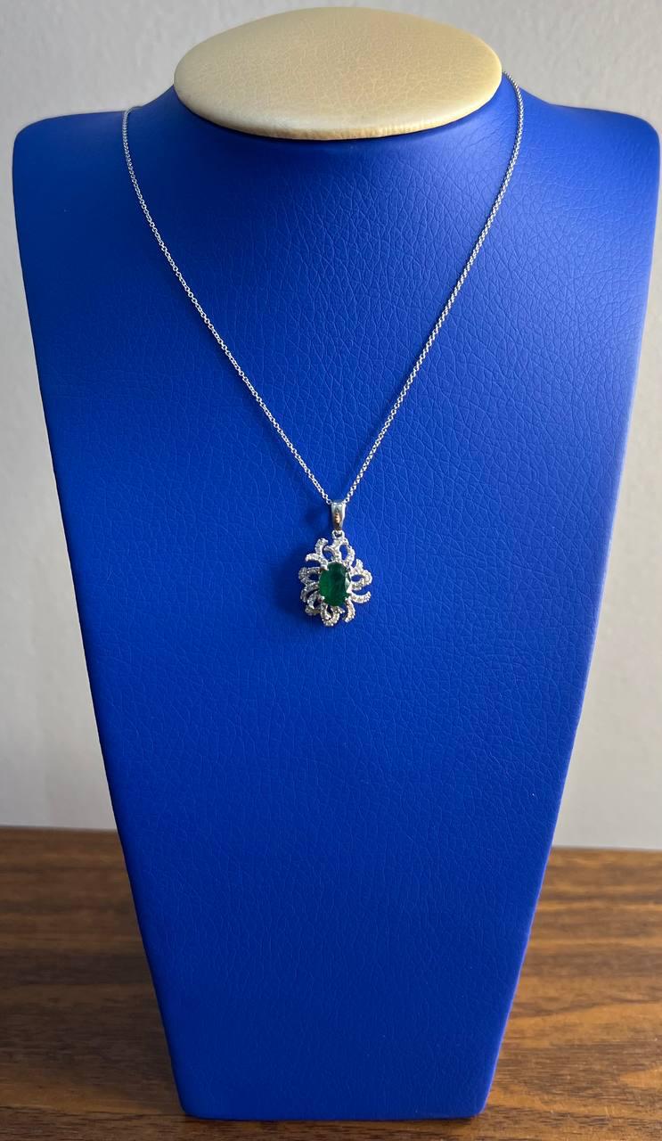 Oval Cut Green Emerald Diamond Pave Halo Coral 14K White Gold Pendant Necklace