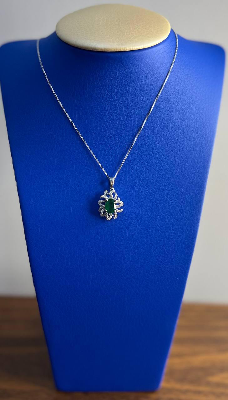Oval Cut Green Emerald Diamond Pave Halo Coral 14K White Gold Pendant Necklace