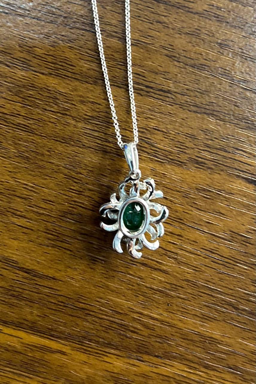 Oval Cut Green Emerald Diamond Pave Halo Coral 14K White Gold Pendant Necklace