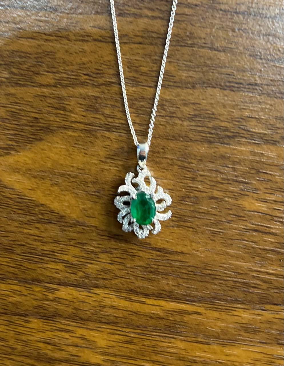 Oval Cut Green Emerald Diamond Pave Halo Coral 14K White Gold Pendant Necklace