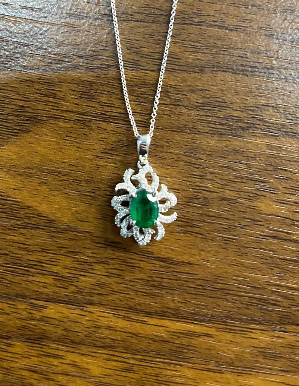 Oval Cut Green Emerald Diamond Pave Halo Coral 14K White Gold Pendant Necklace