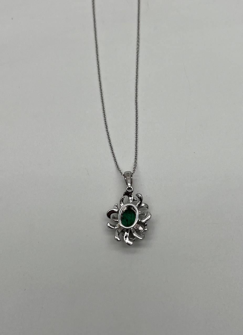 Oval Cut Green Emerald Diamond Pave Halo Coral 14K White Gold Pendant Necklace