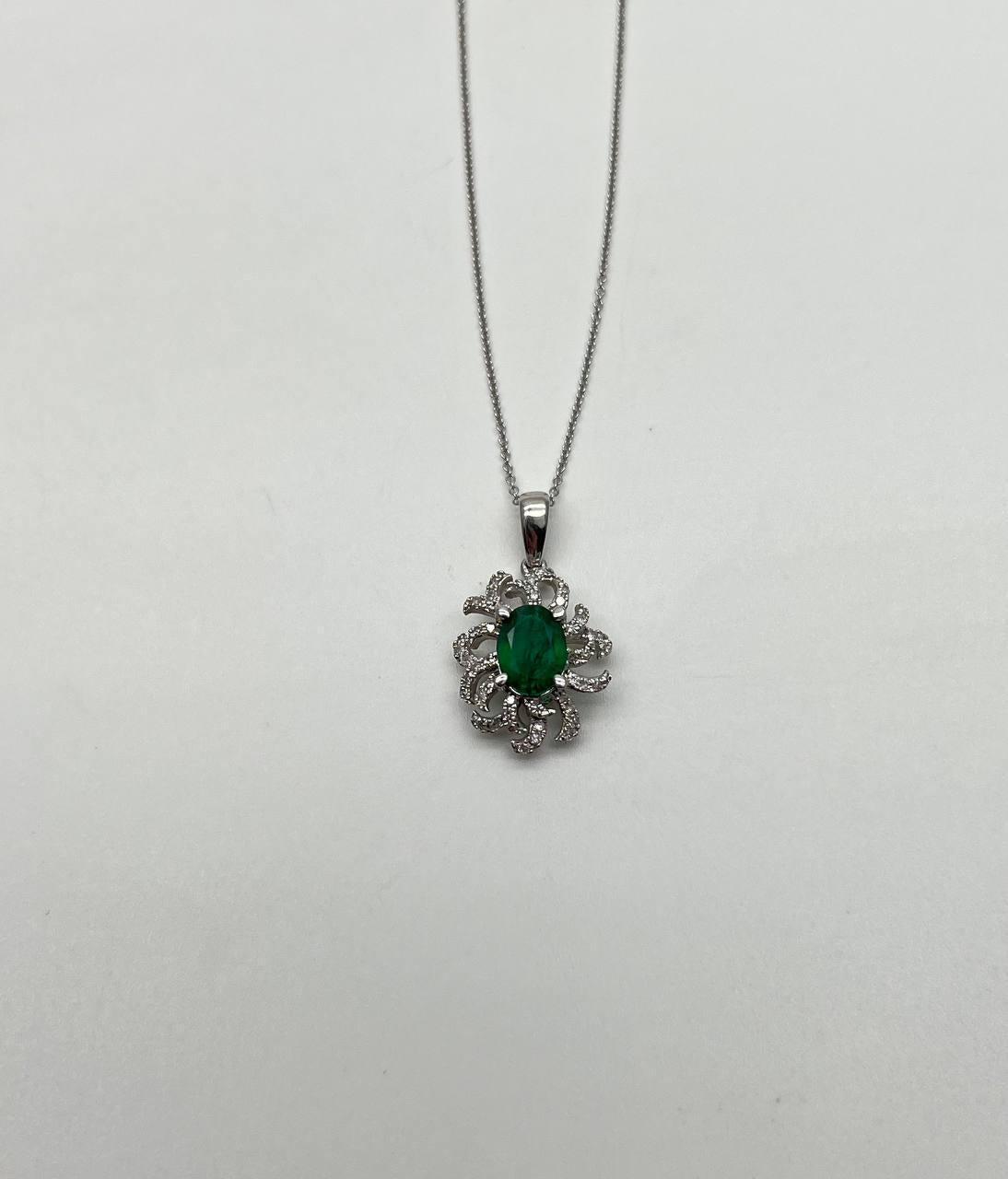 Oval Cut Green Emerald Diamond Pave Halo Coral 14K White Gold Pendant Necklace