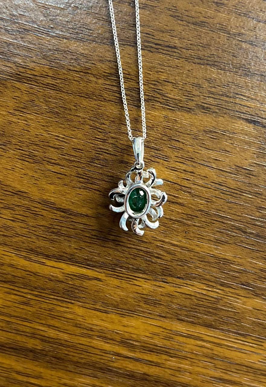 Oval Cut Green Emerald Diamond Pave Halo Coral 14K White Gold Pendant Necklace