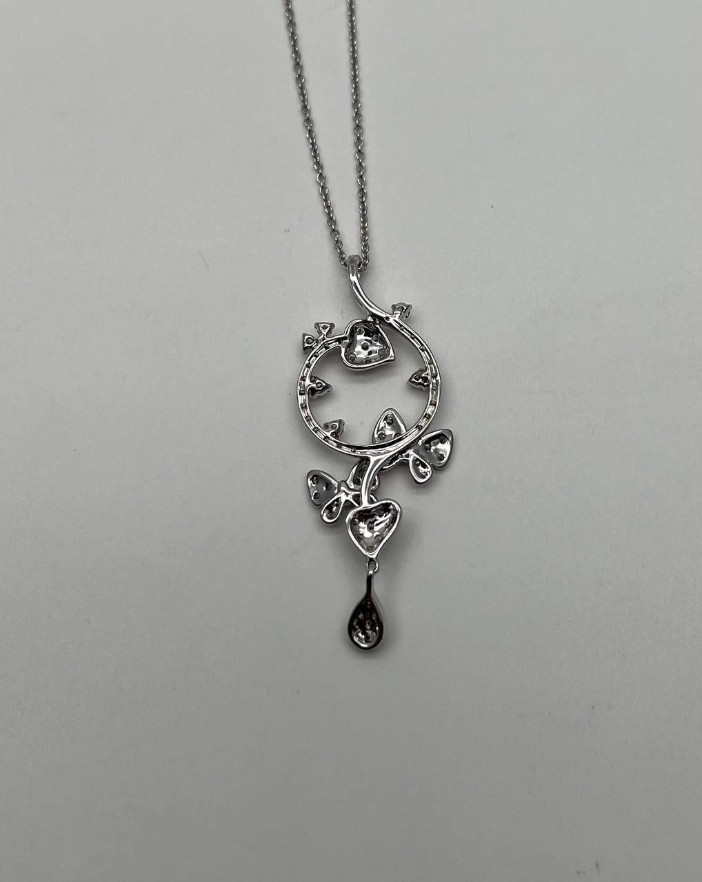 Diamond Butterfly Butterflies Pave Set Hearts 14K White Gold Pendant Necklace