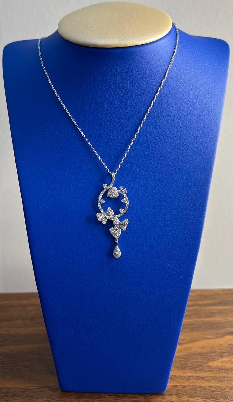Diamond Butterfly Butterflies Pave Set Hearts 14K White Gold Pendant Necklace
