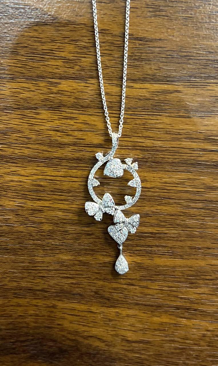 Diamond Butterfly Butterflies Pave Set Hearts 14K White Gold Pendant Necklace