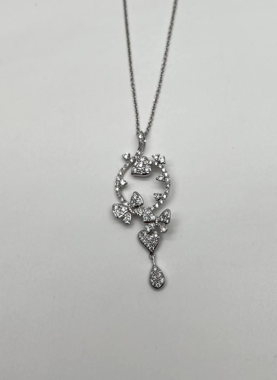 Diamond Butterfly Butterflies Pave Set Hearts 14K White Gold Pendant Necklace