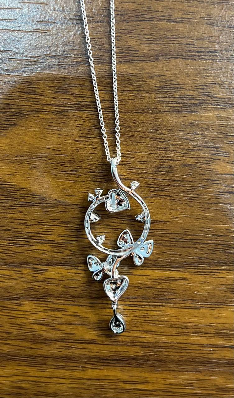 Diamond Butterfly Butterflies Pave Set Hearts 14K White Gold Pendant Necklace