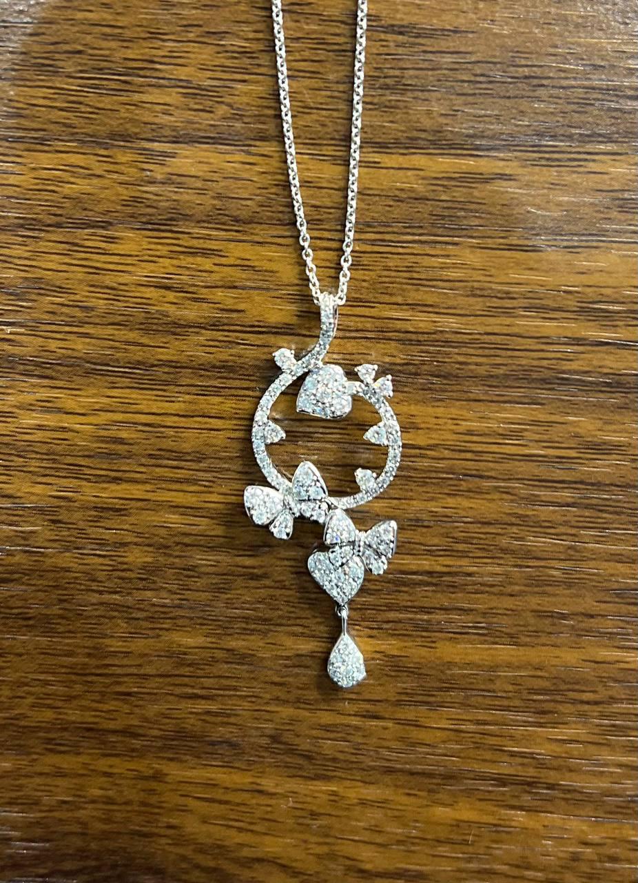 Diamond Butterfly Butterflies Pave Set Hearts 14K White Gold Pendant Necklace