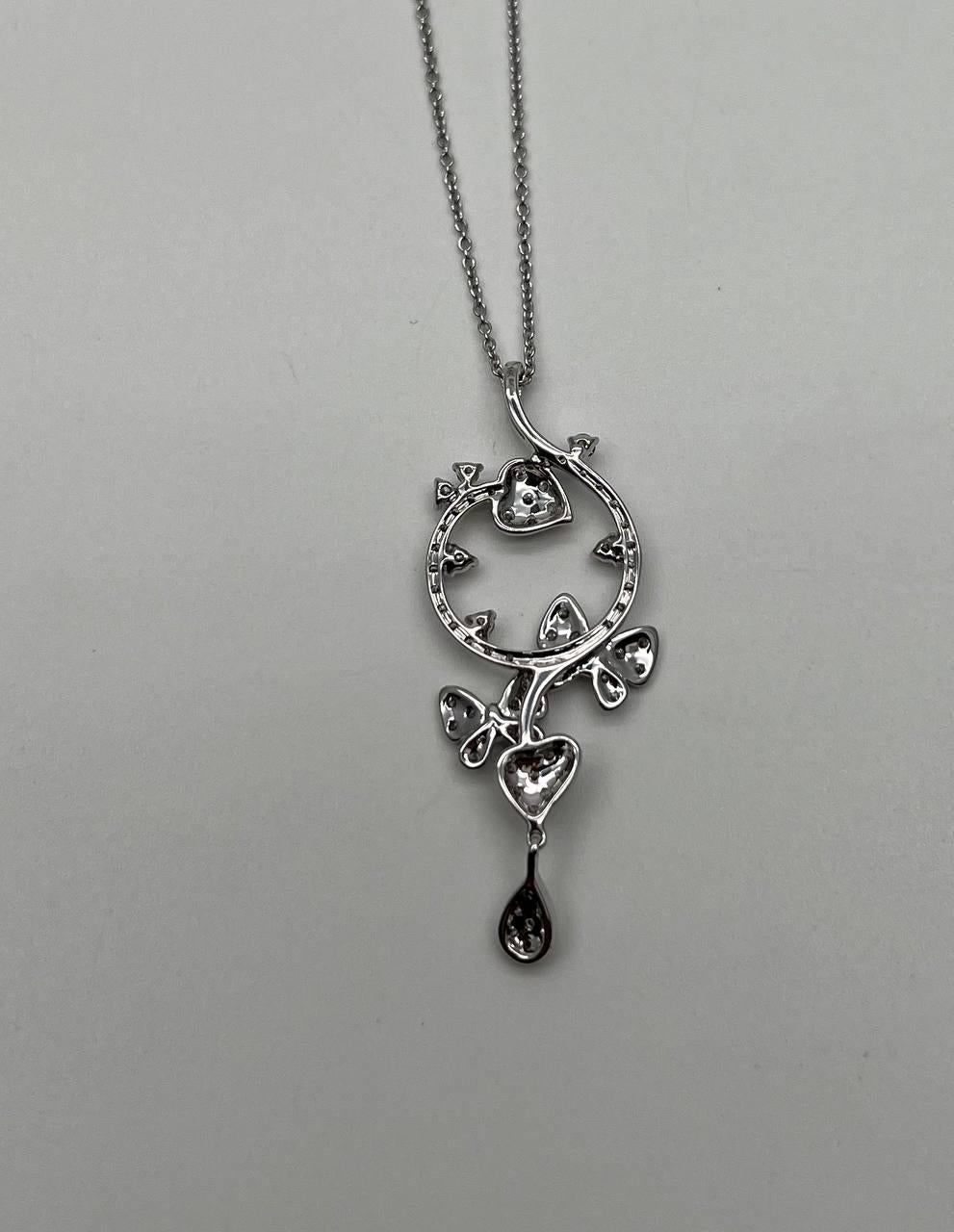 Diamond Butterfly Butterflies Pave Set Hearts 14K White Gold Pendant Necklace