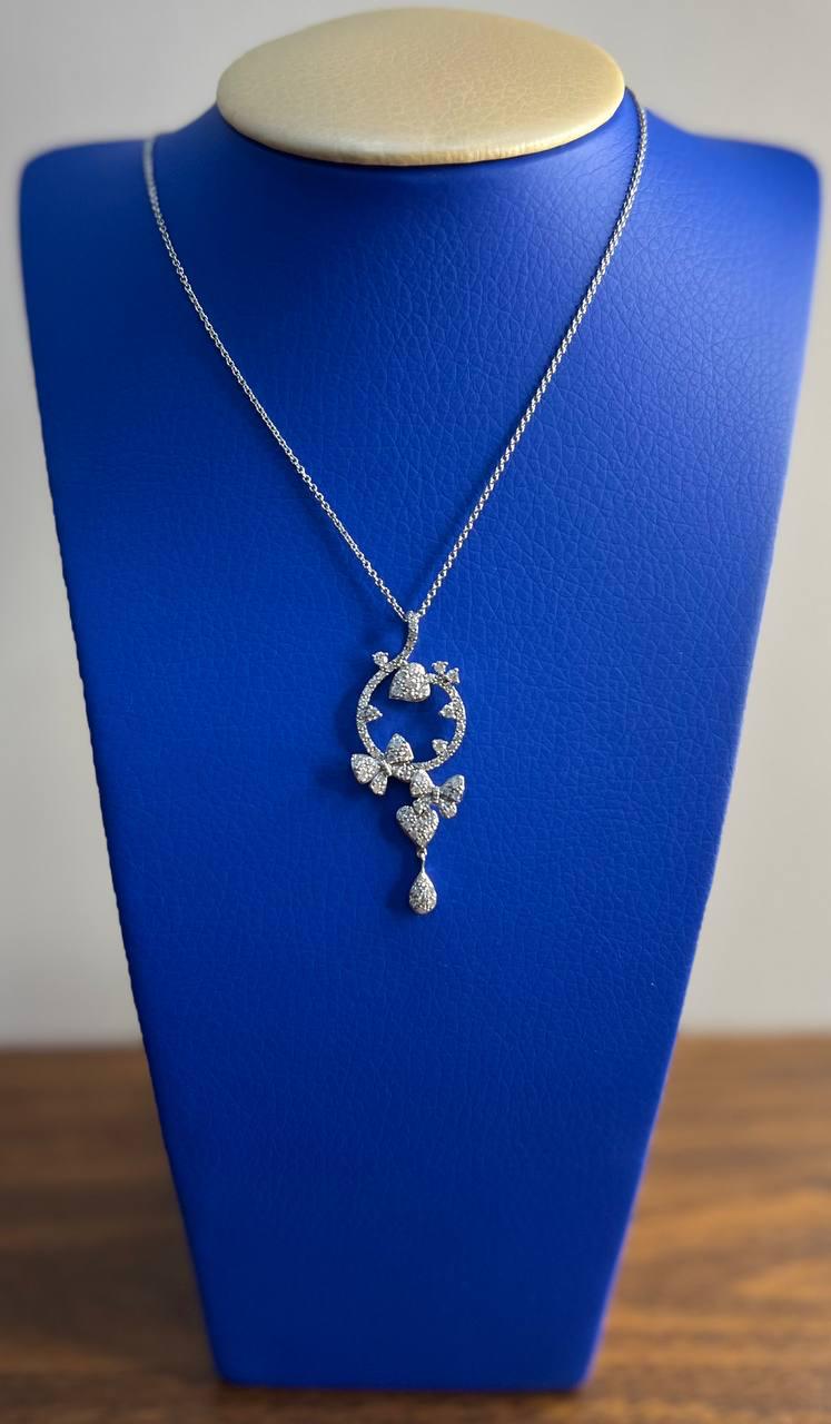 Diamond Butterfly Butterflies Pave Set Hearts 14K White Gold Pendant Necklace