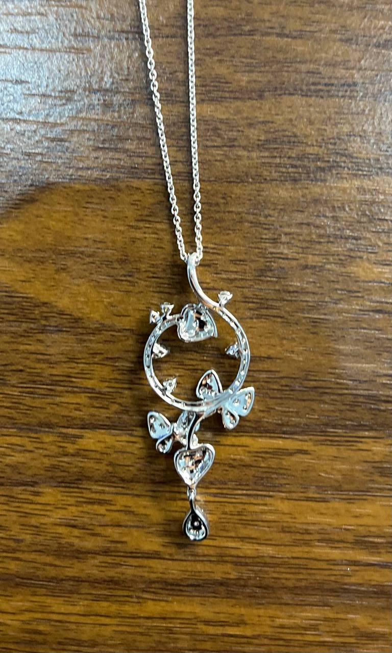 Diamond Butterfly Butterflies Pave Set Hearts 14K White Gold Pendant Necklace