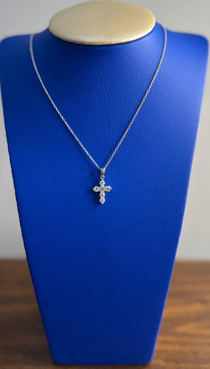 Diamond Brilliant Christian Cross 14K White Gold Pendant Chain Necklace