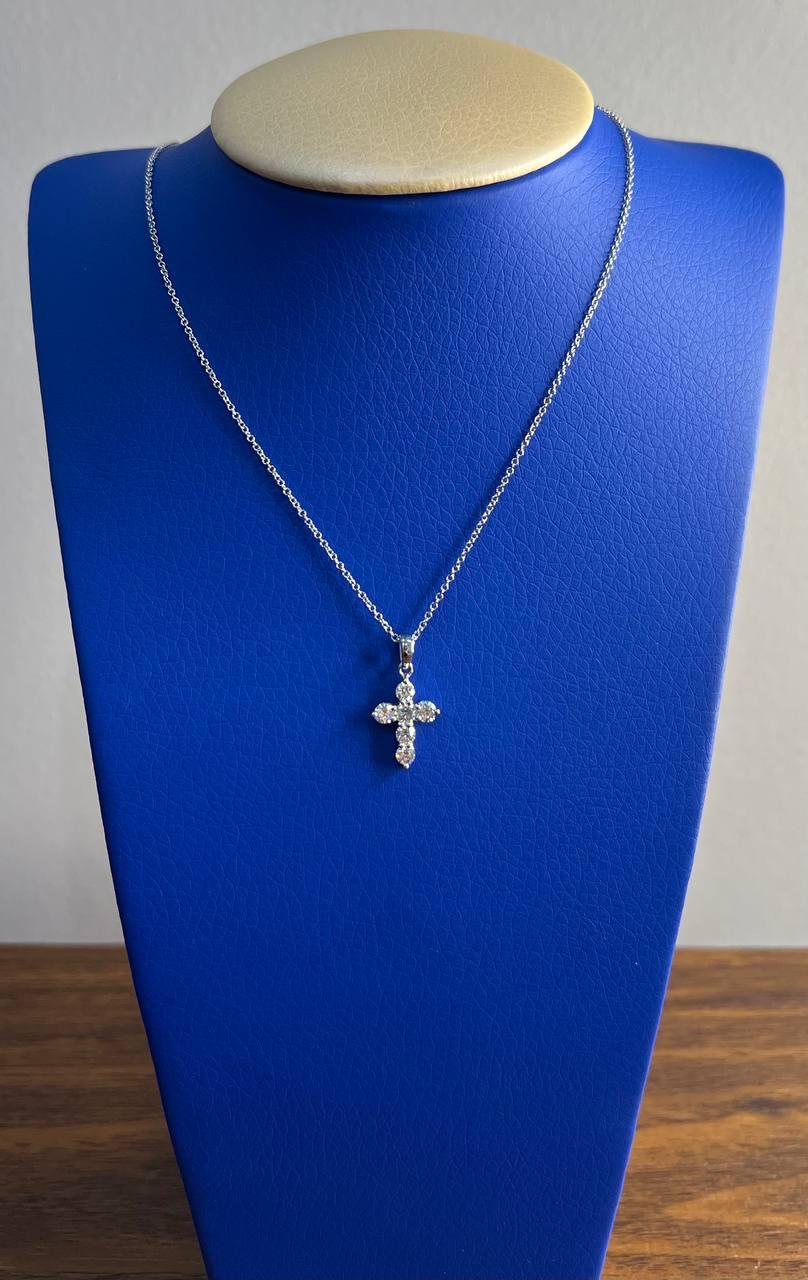 Diamond Brilliant Christian Cross 14K White Gold Pendant Chain Necklace