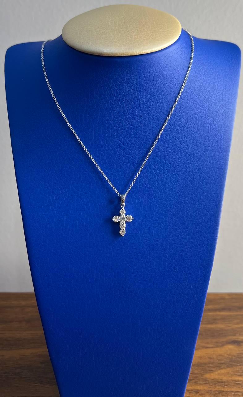 Diamond Brilliant Christian Cross 14K White Gold Pendant Chain Necklace