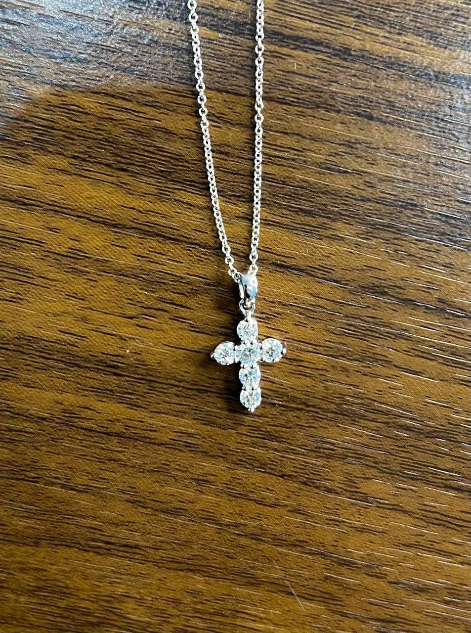 Diamond Brilliant Christian Cross 14K White Gold Pendant Chain Necklace