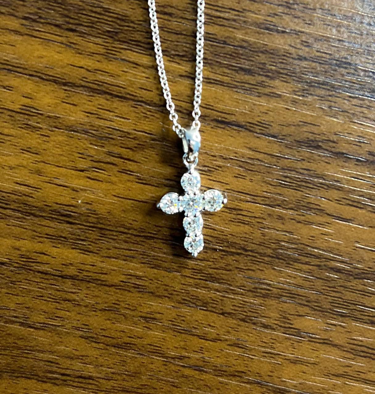 Diamond Brilliant Christian Cross 14K White Gold Pendant Chain Necklace