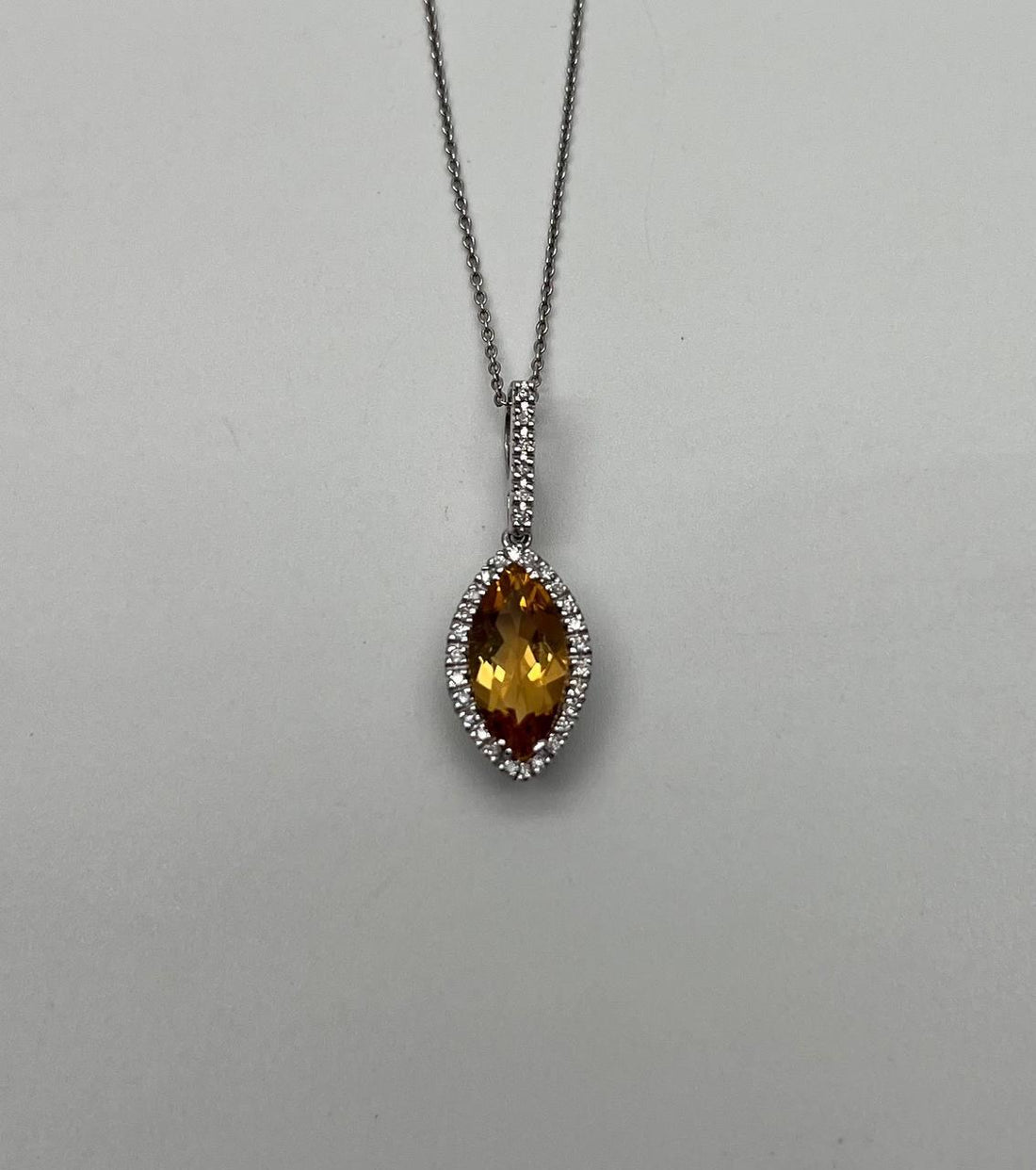 Marquise Orange Amber Citrine Diamond Halo 14K White Gold Pendant Necklace